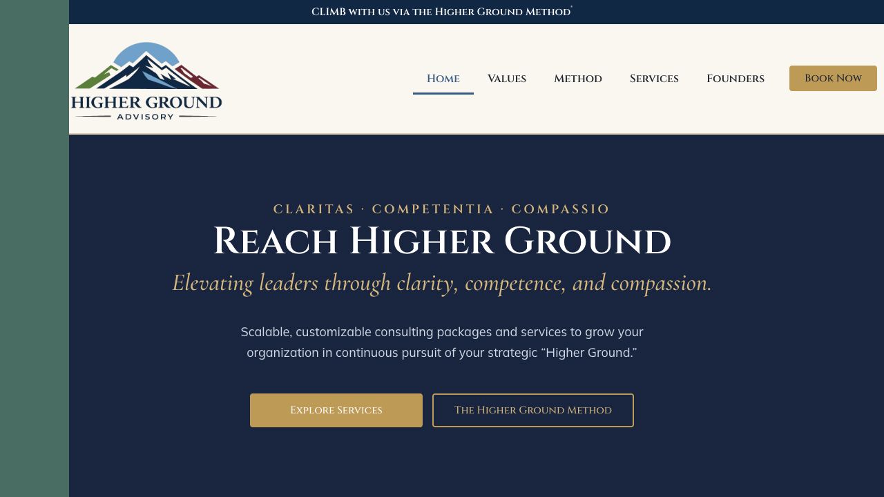 Higher Ground Advisory homepage with mountain logo, blue and gold identity and consulting website navigation