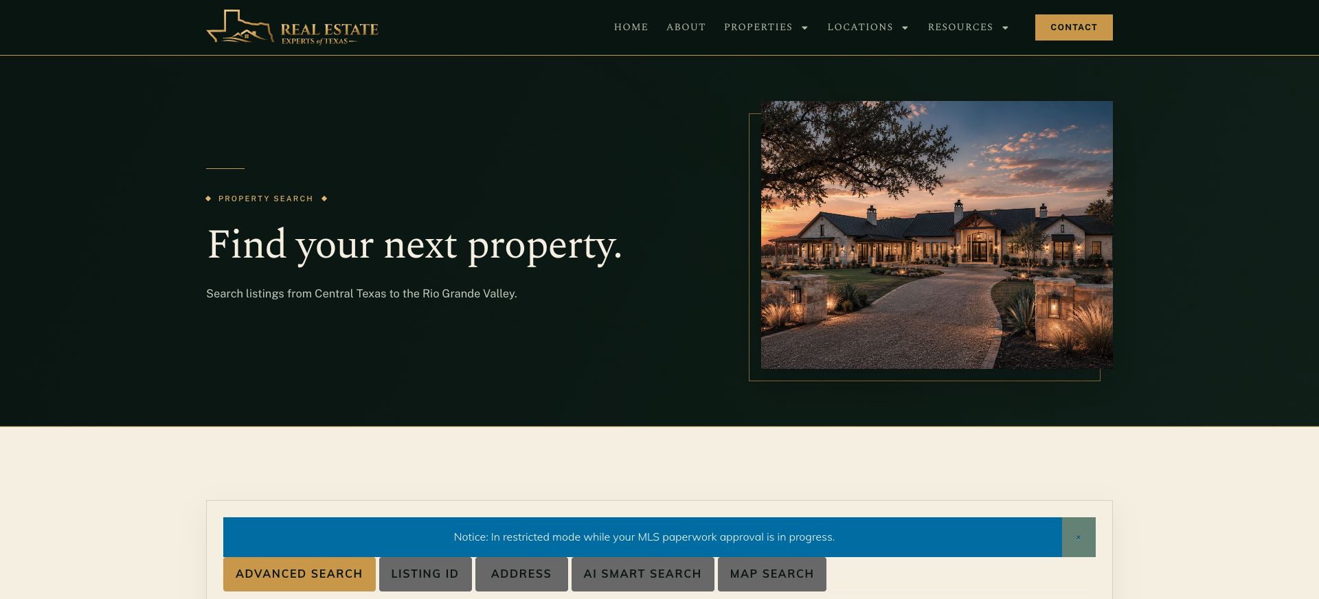 Real Estate Experts of Texas property-search page with pine and gold styling and the recorded MLS restricted-mode notice