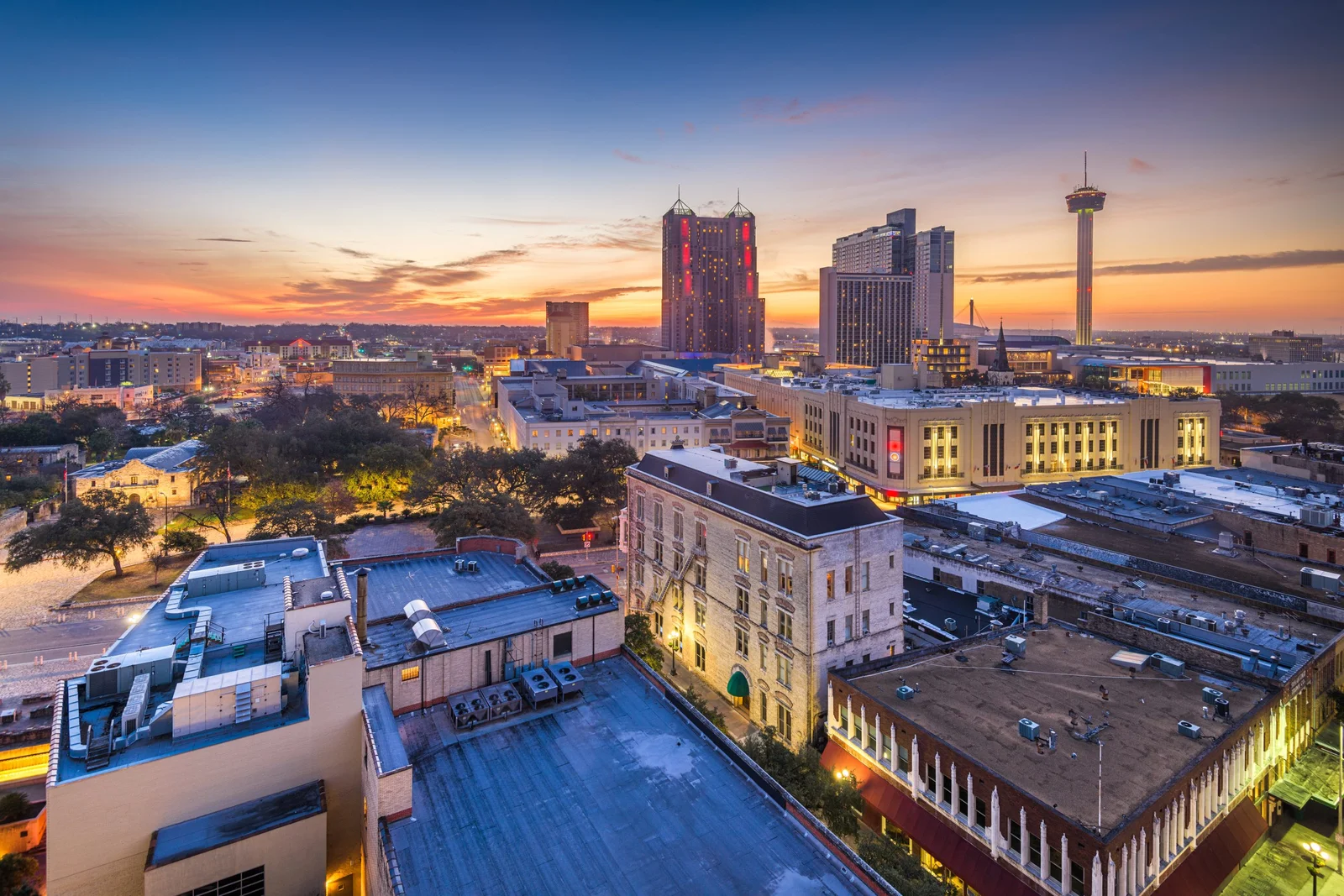 San Antonio skyline at sunset with the Tower of the Americas
