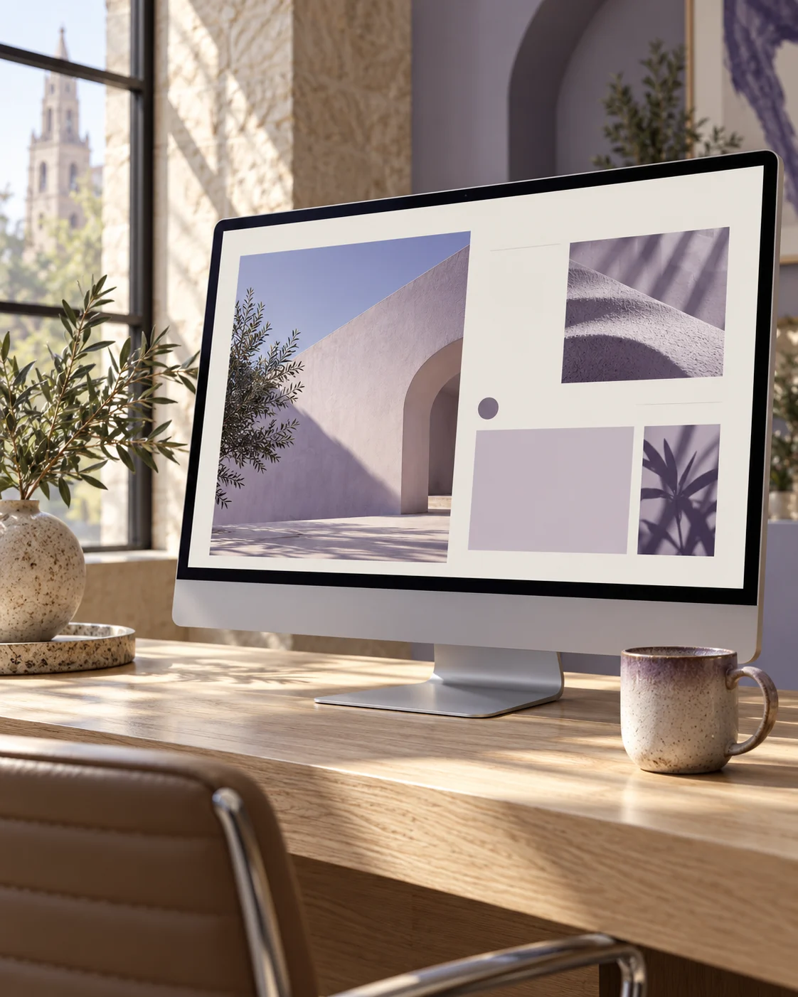 Conceptual web design workspace with a large monitor and ceramic cup