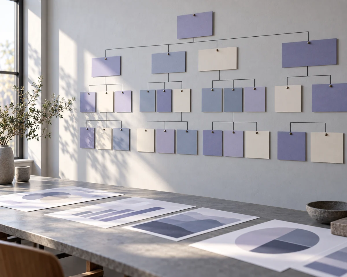 Conceptual marketing planning board with connected cards and printed charts