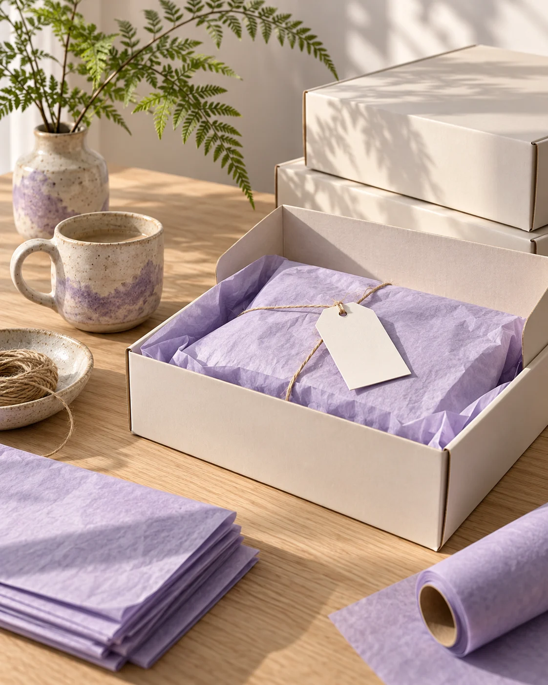 Small shop packing station with boxes, lavender tissue and ceramic goods